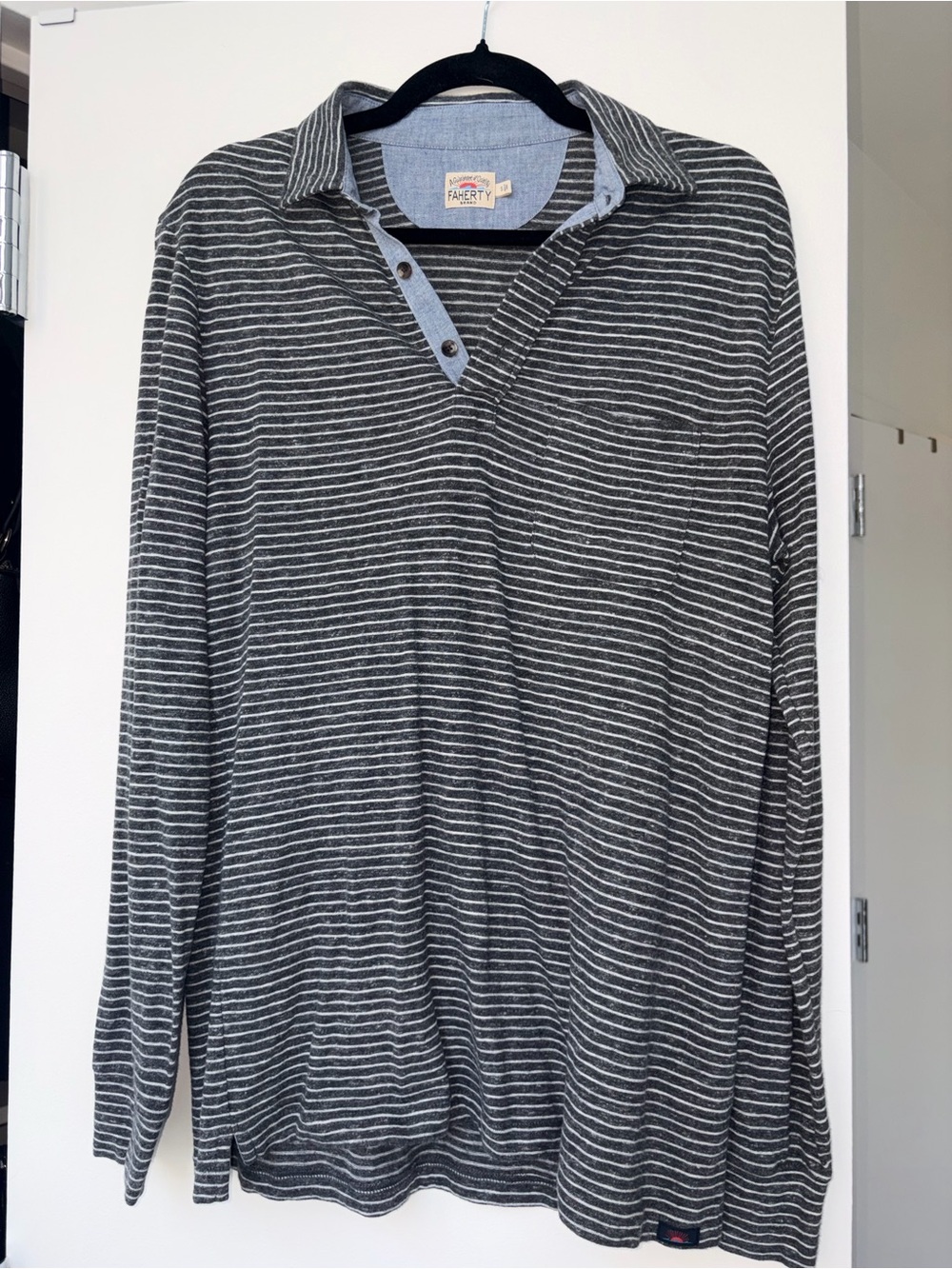 Faherty Charcoal and White Striped V-Neck Polo Sweater